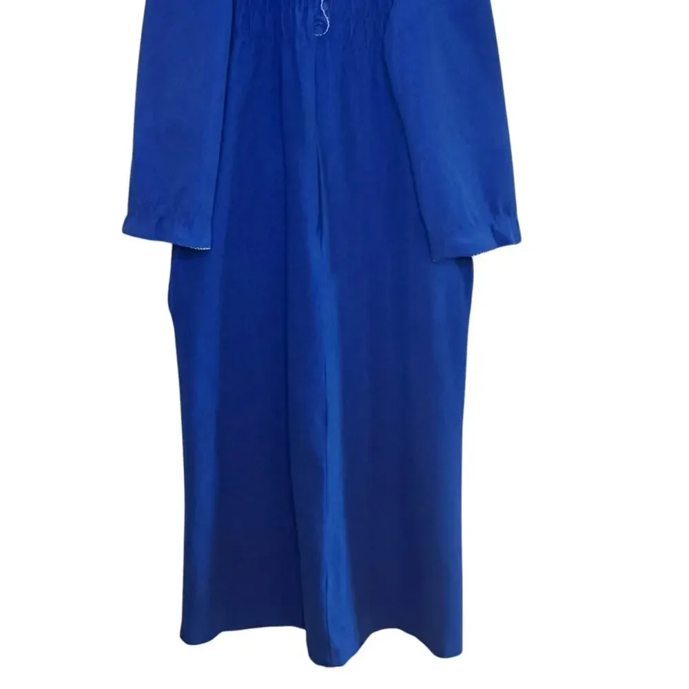 Vtg Beekman Place Blue Half Zip White Trimmed Smocked Robe House Coat Mumu - Picture 3 of 5
